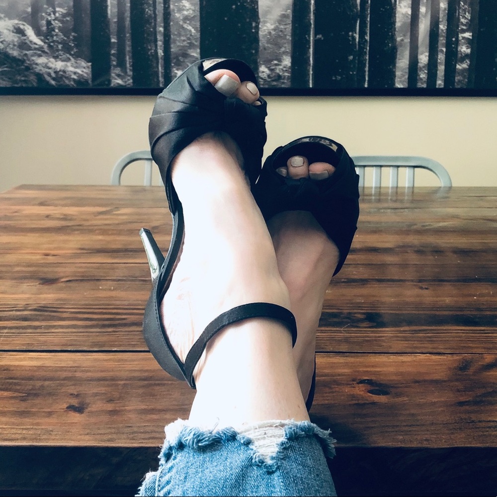 Retro style ankle strap platform satin heels